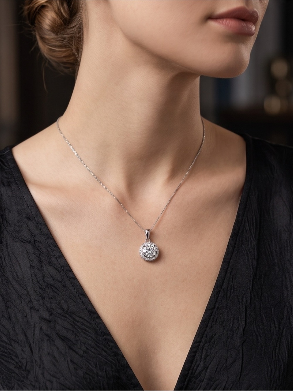 Moissanite Halo Pendant with Clear Center Stone 1 CTW 926 Silver - Picture 3 of 4